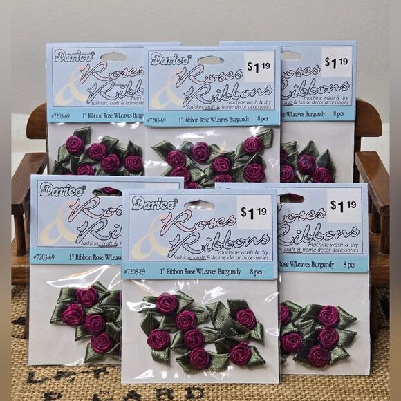 NWT Darice 1" Ribbon Roses Burgundy & Green Set of 6 Packs 48 count - Picture 1 of 3